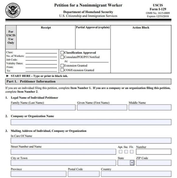 Formulario I-129 para aplicación a Visa
