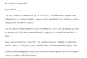 Carta de recomendación personal para inmigración